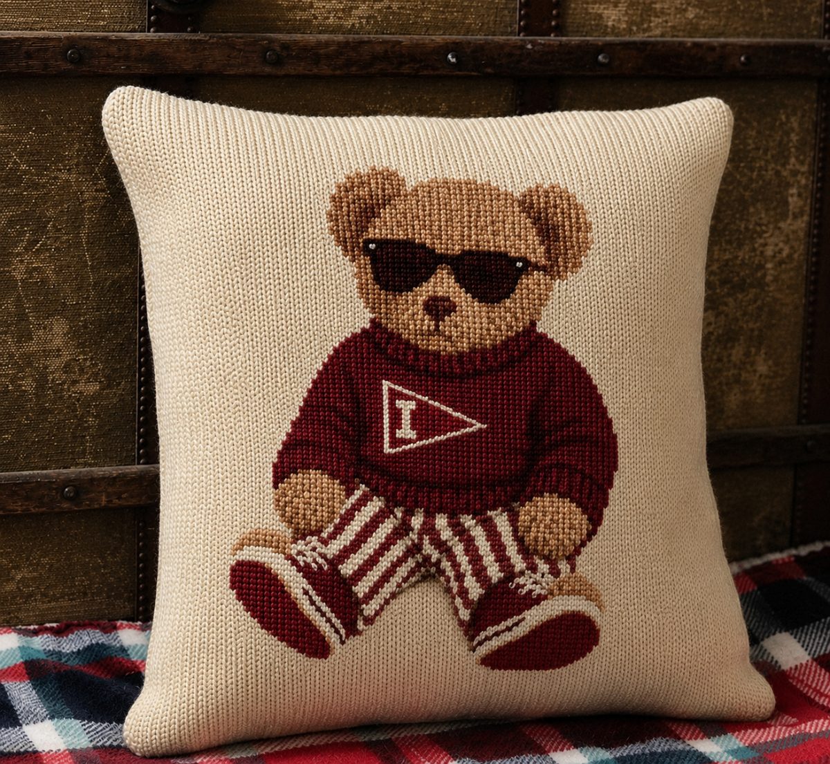 Hand-knit Sully the Bear throw pillow
