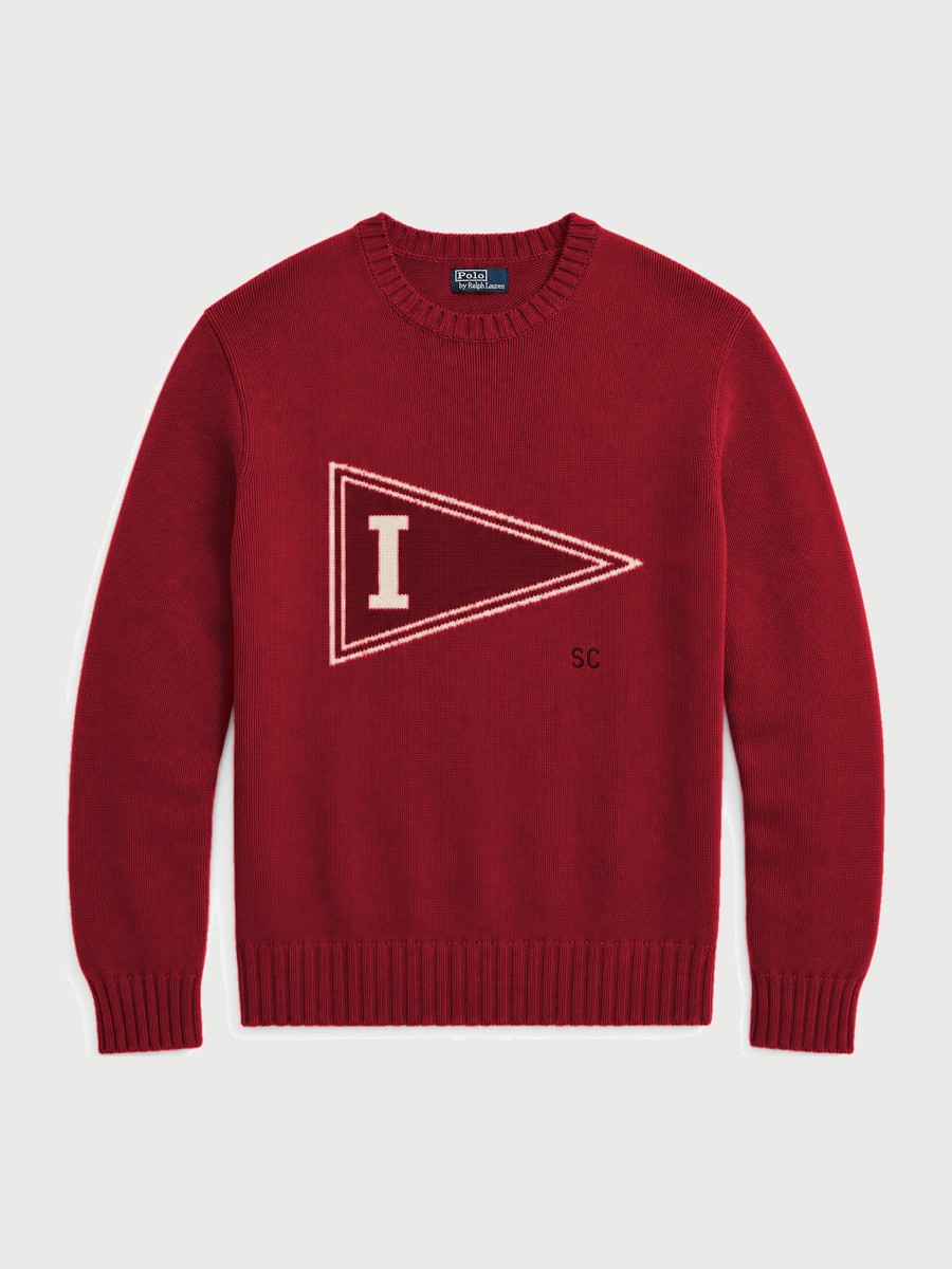 Crimson cotton crewneck sweater with a cream Indiana burgee pennant intarsia.