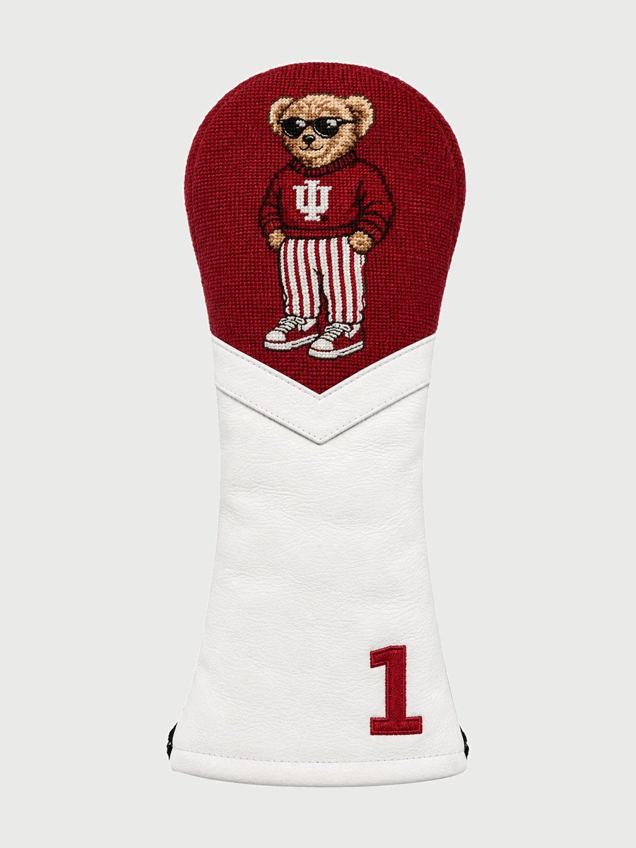 Needlepoint golf driver headcover with the IU prep bear on crimson and a white leather body marked with a 1.
