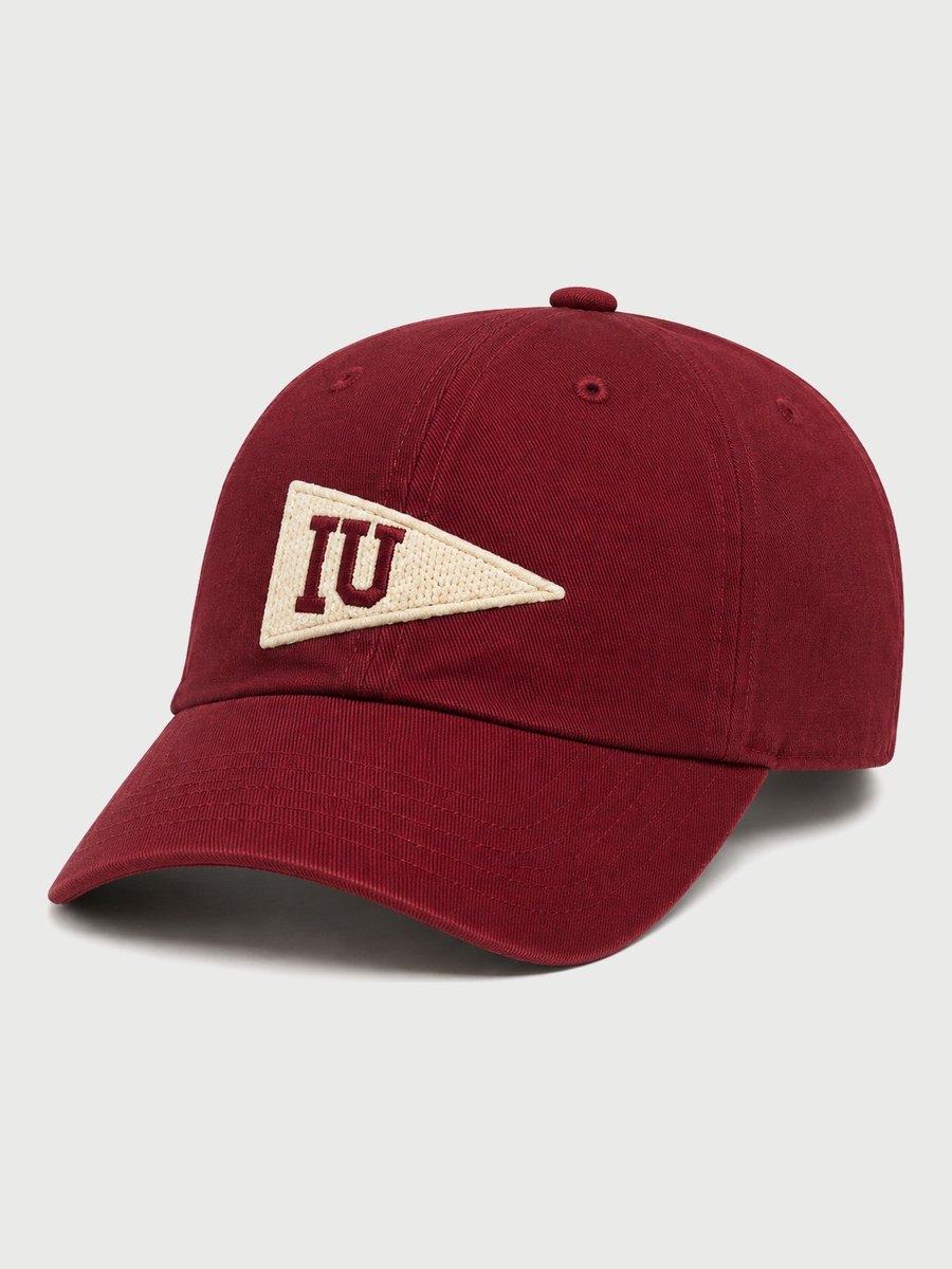 Crimson cap with a cream IU pennant patch.