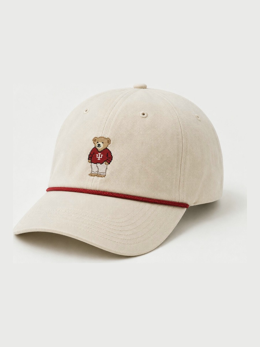Cream rope-brim cap with the IU prep bear embroidered on the front and a crimson rope detail.