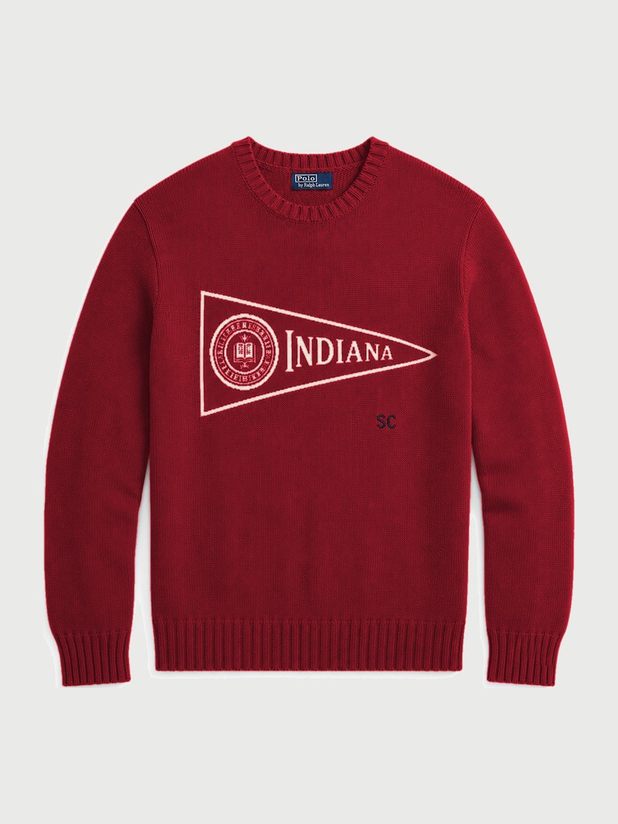 Crimson cotton crewneck sweater with a cream Indiana pennant and seal intarsia.