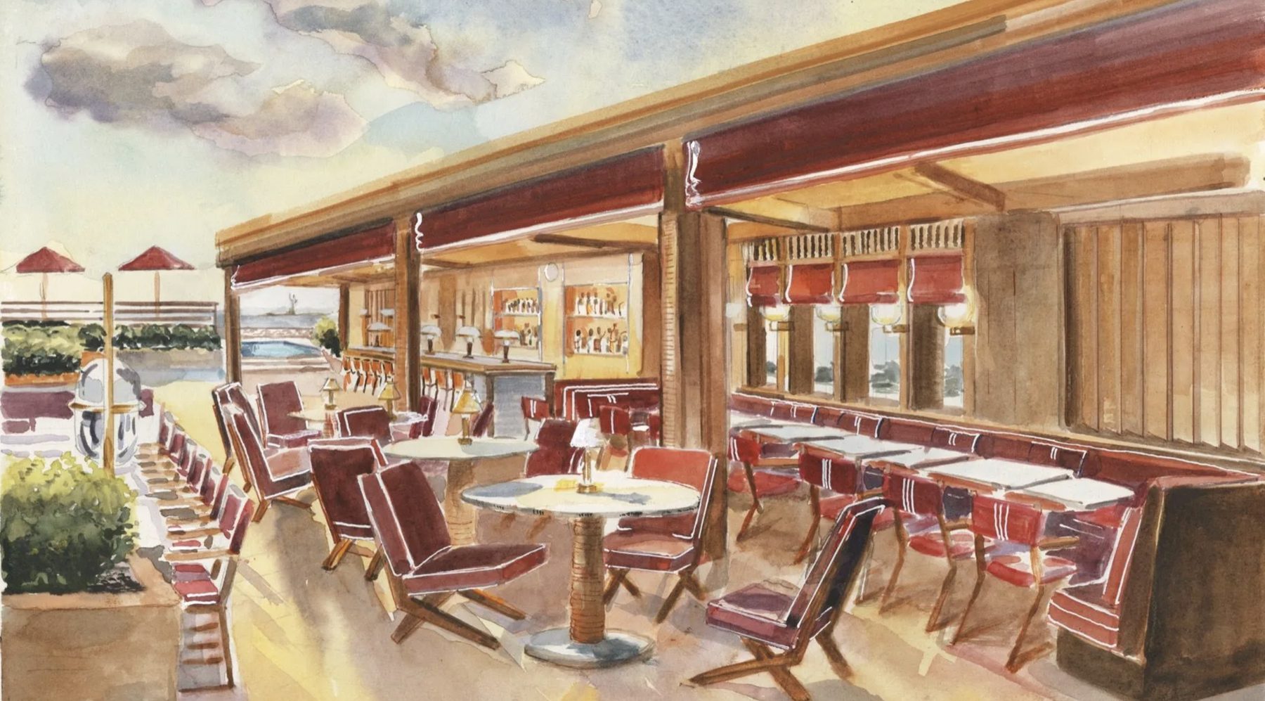 A watercolor of the rooftop terrace at dusk